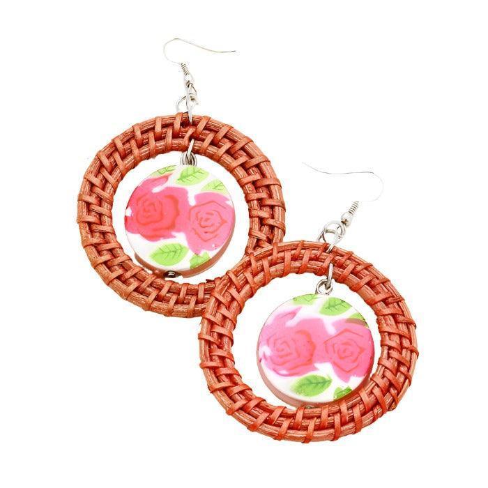 Red Woven Hoop Flower Circle Dangle Earrings - Jewelry Store by Erik Rayo