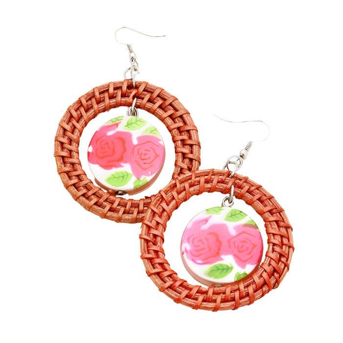 Red Woven Hoop Flower Circle Dangle Earrings