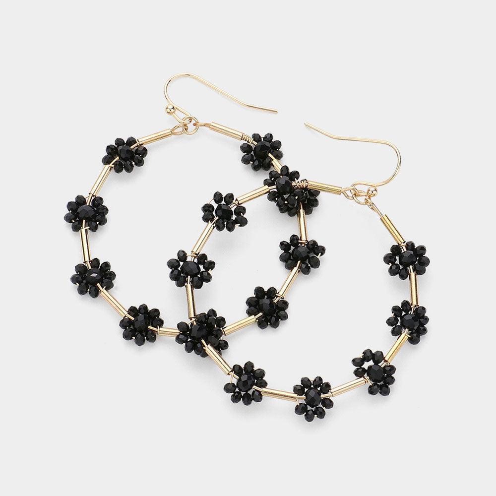 Black Flower Faceted Beaded Open Round Dangle Earrings - Jewelry Store by Erik Rayo