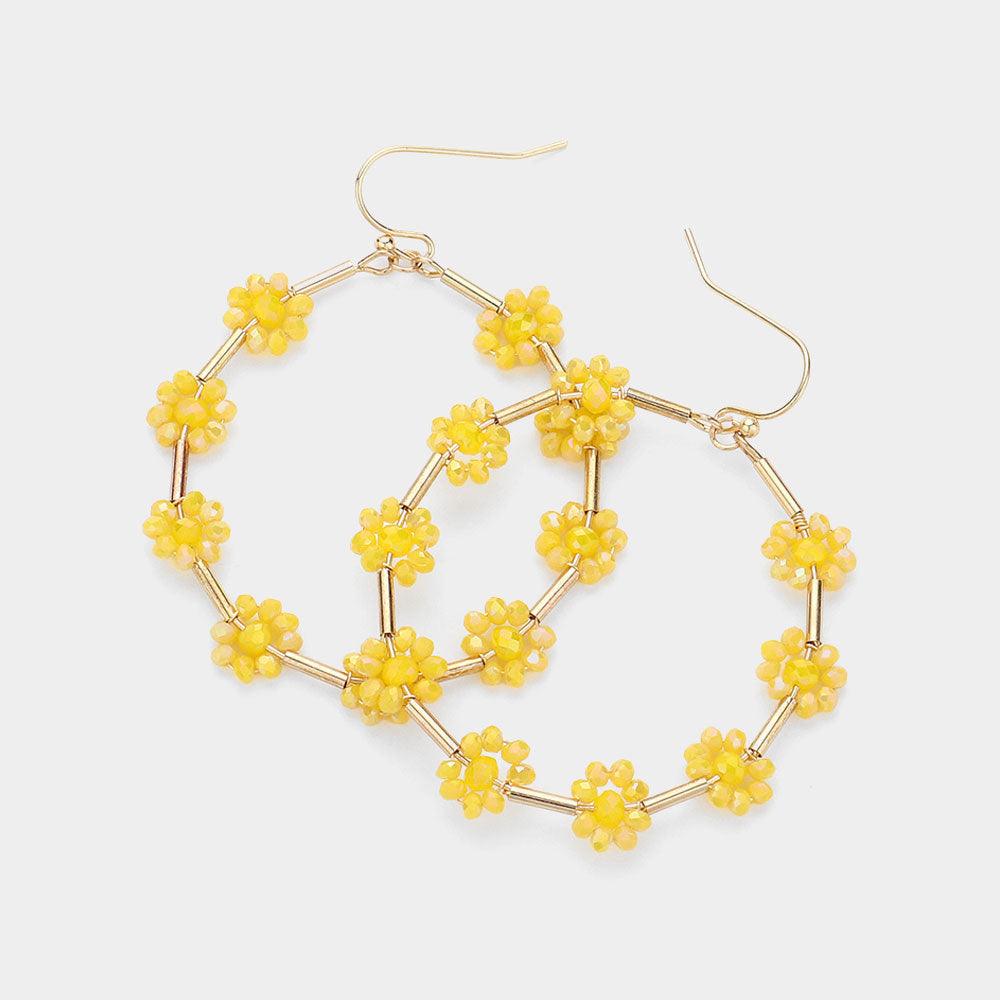 Yellow Flower Faceted Beaded Open Round Dangle Earrings