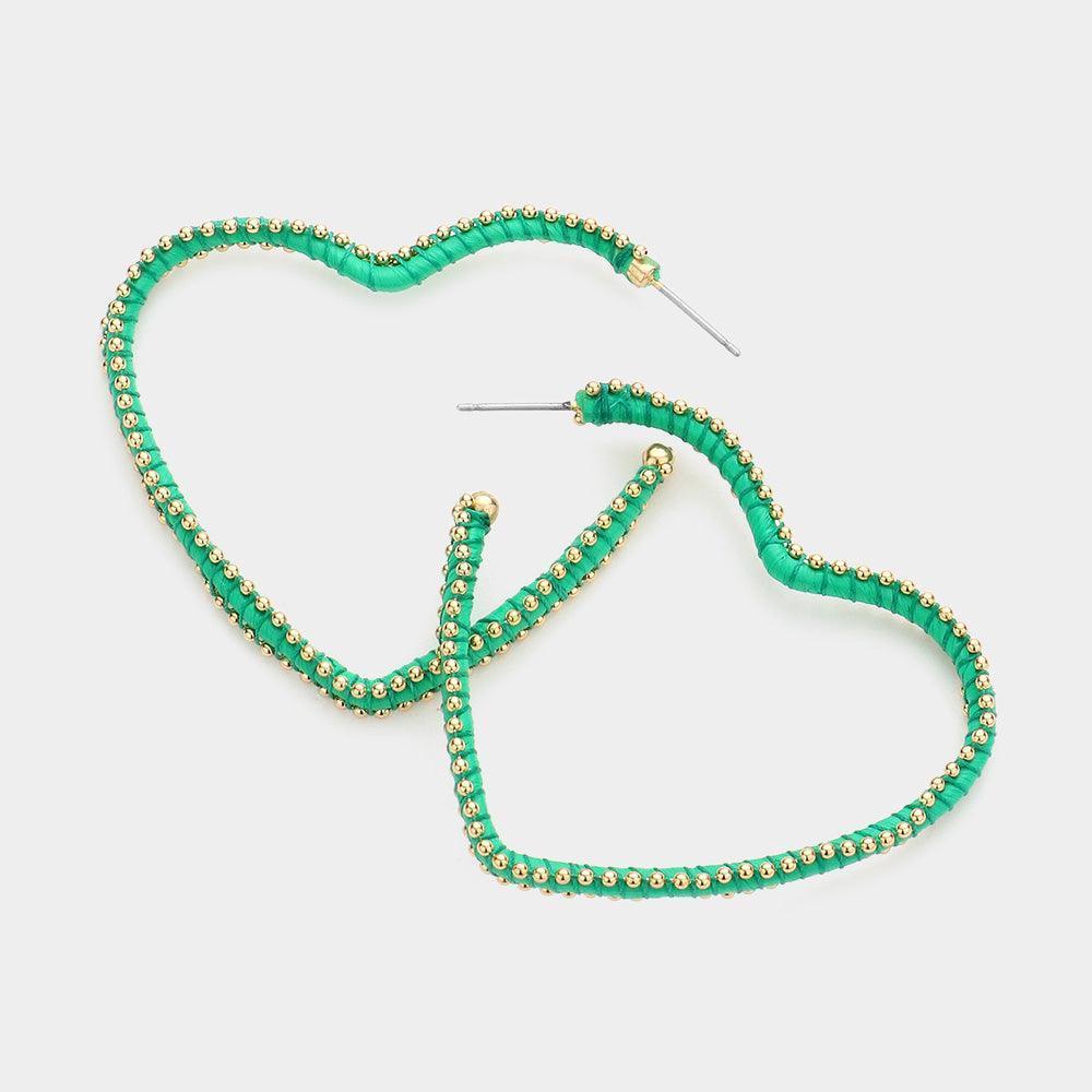 Green Metal Ball Trimmed Heart Hoop Earrings - Jewelry Store by Erik Rayo