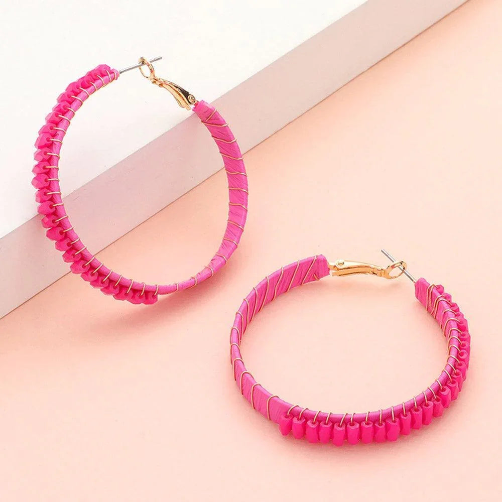 Pink Rectangle Bead Trimmed Raffia Wrapped Hoop Earrings - Jewelry Store by Erik Rayo