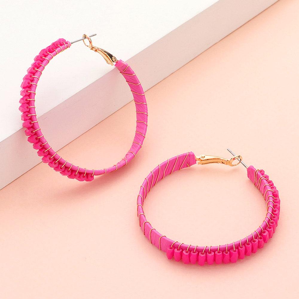 Pink Rectangle Bead Trimmed Raffia Wrapped Hoop Earrings