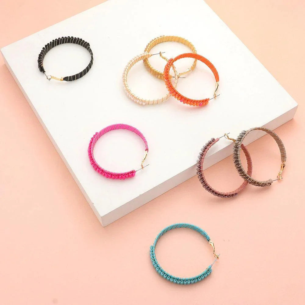 Rectangle Bead Trimmed Raffia Wrapped Hoop Earrings - Jewelry Store by Erik Rayo