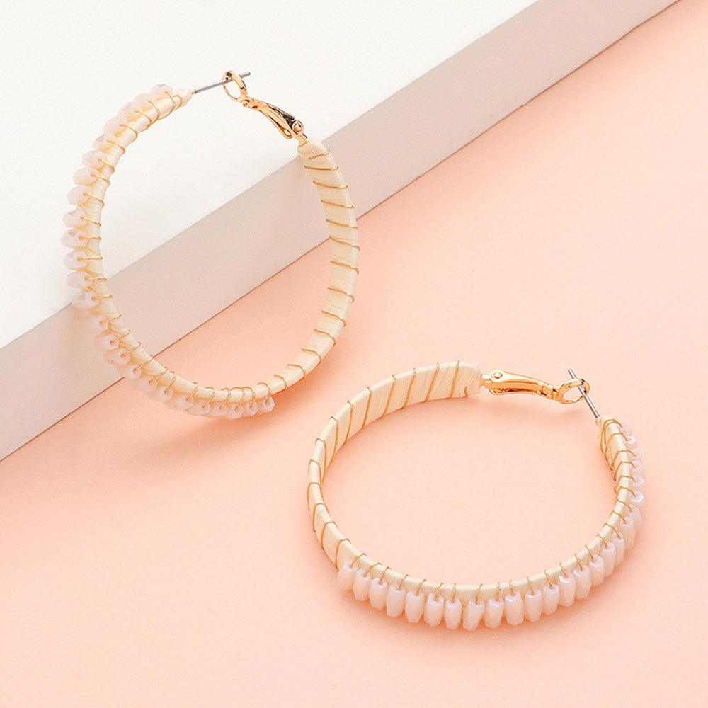 Rectangle Bead Trimmed Raffia Wrapped Hoop Earrings