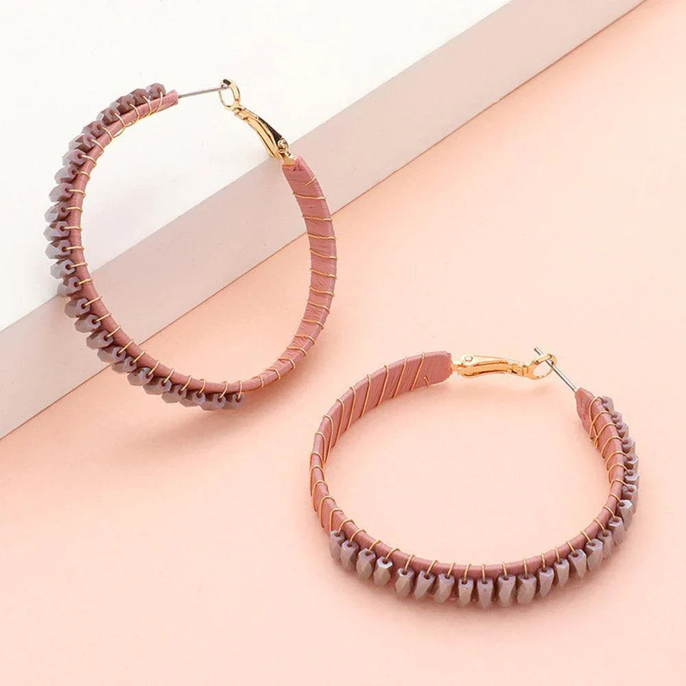 Pink Rectangle Bead Trimmed Raffia Wrapped Hoop Earrings - Jewelry Store by Erik Rayo