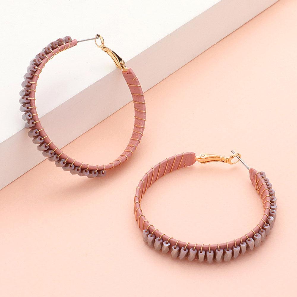 Pink Rectangle Bead Trimmed Raffia Wrapped Hoop Earrings