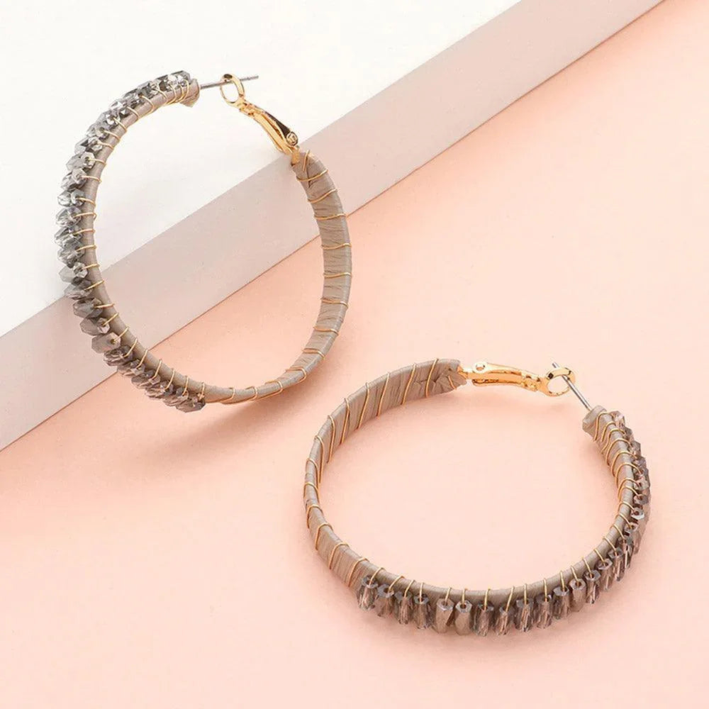 Gray Rectangle Bead Trimmed Raffia Wrapped Hoop Earrings - Jewelry Store by Erik Rayo