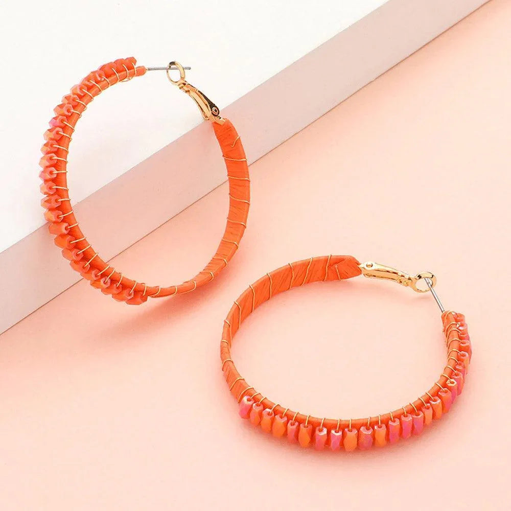 Orange Rectangle Bead Trimmed Raffia Wrapped Hoop Earrings - Jewelry Store by Erik Rayo