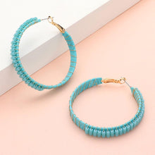 Load image into Gallery viewer, Turquoise Rectangle Bead Trimmed Raffia Wrapped Hoop Earrings
