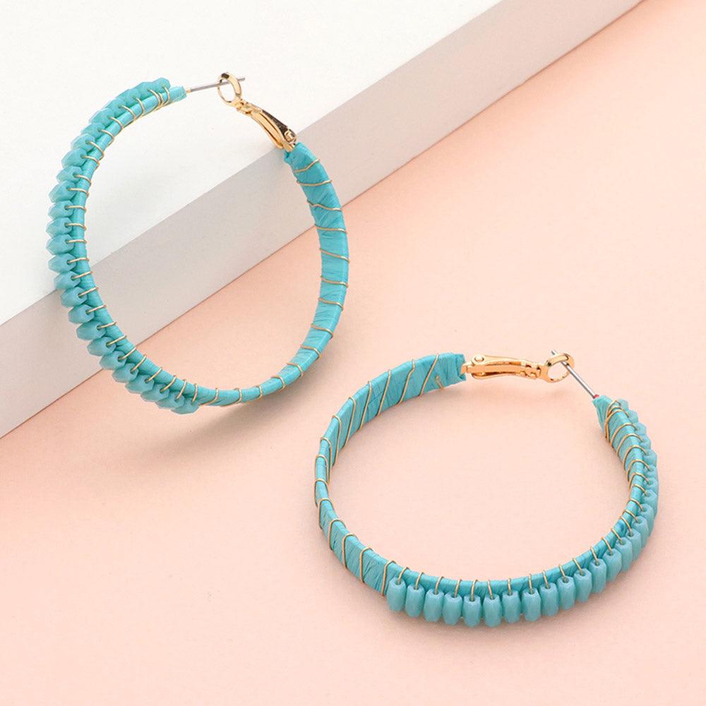 Turquoise Rectangle Bead Trimmed Raffia Wrapped Hoop Earrings