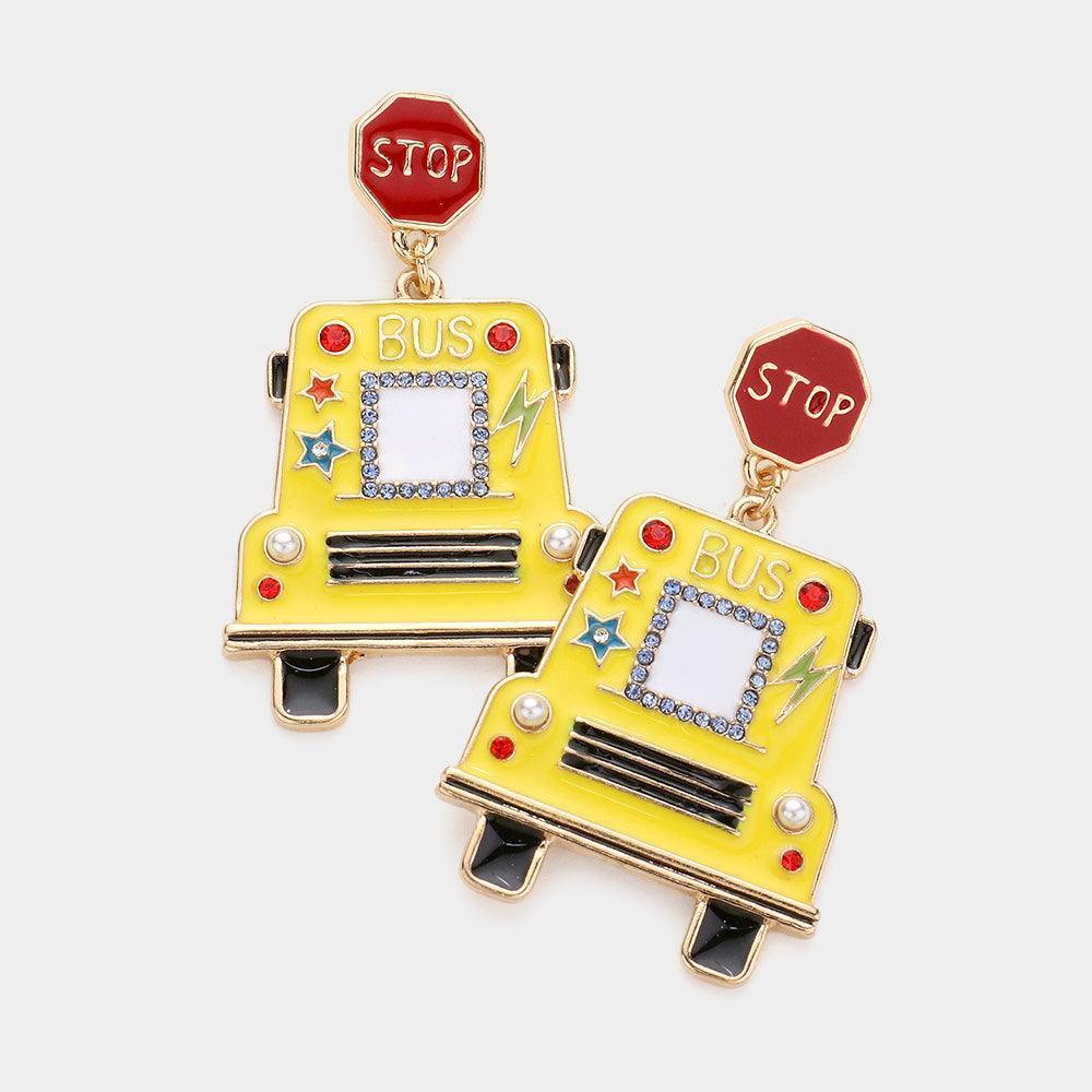 Yellow Stop Message Enamel School Bus Dangle Earrings - Jewelry Store by Erik Rayo
