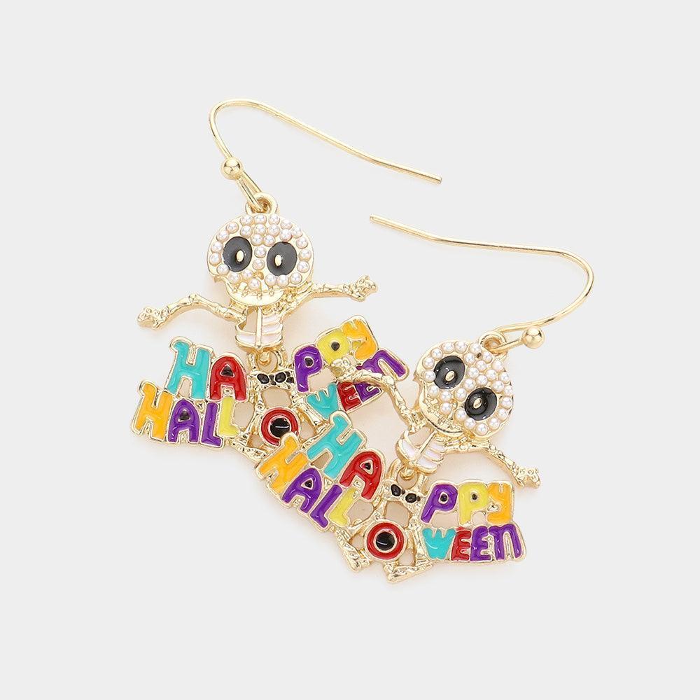 Enamel Metal Happy Halloween Message Pearl Embellished Skull Dangle Earrings - Jewelry Store by Erik Rayo