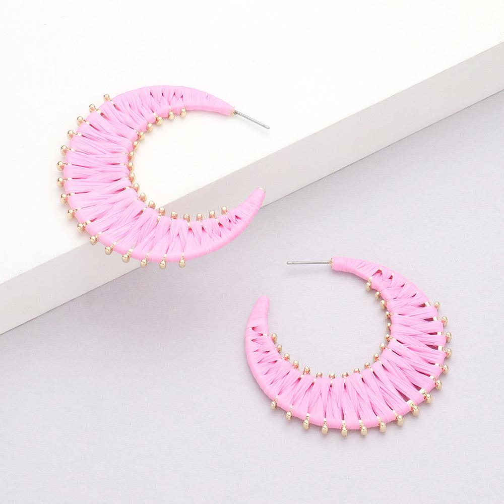 Pink Raffia Wrapped Hoop Earrings