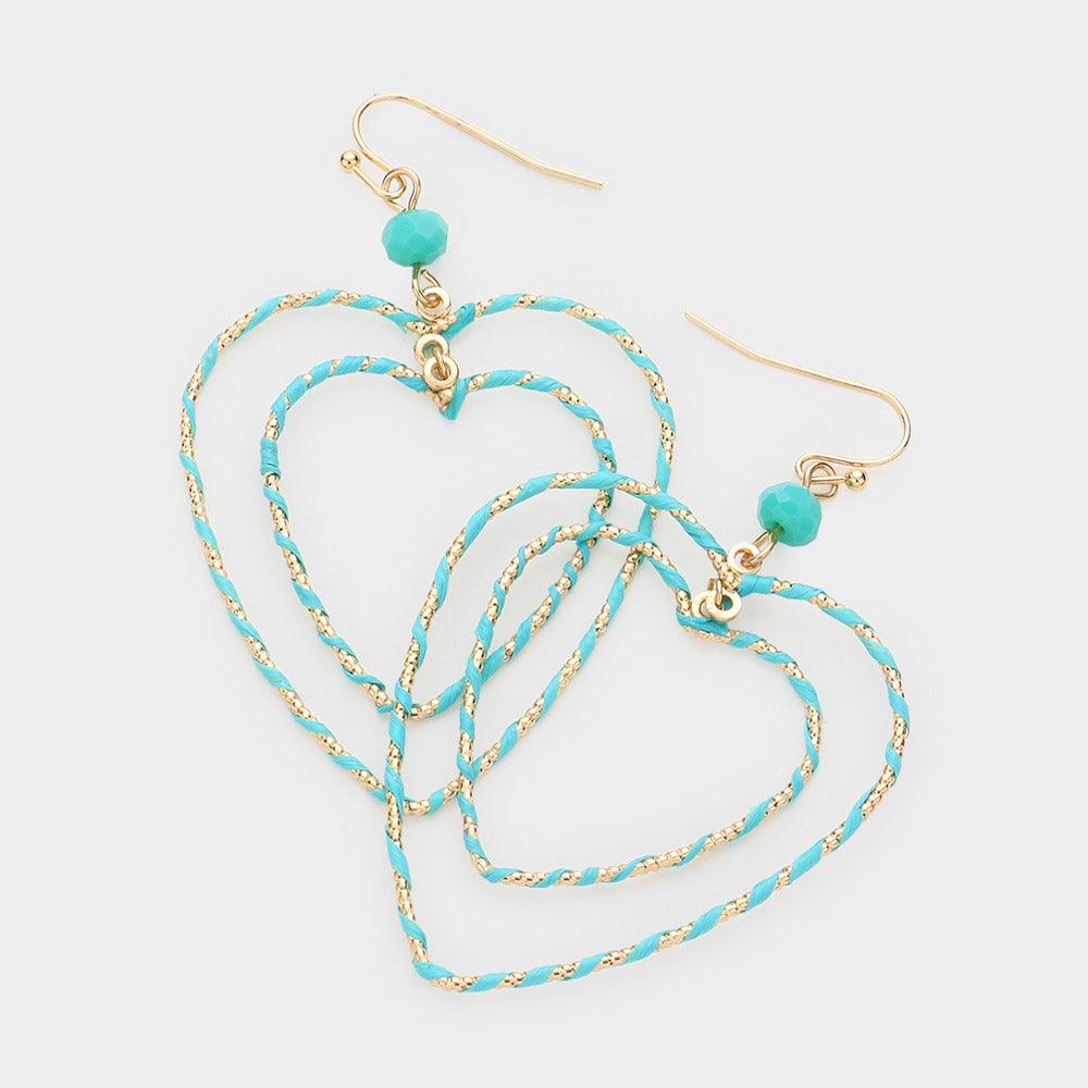 Turquoise Raffia Wrapped Double Open Heart Link Dangle Earrings