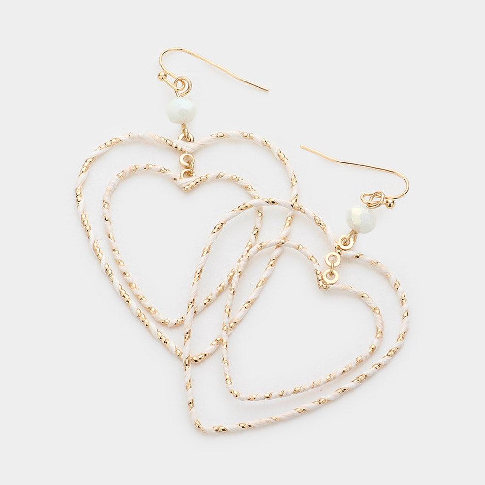 White Raffia Wrapped Double Open Heart Link Dangle Earrings