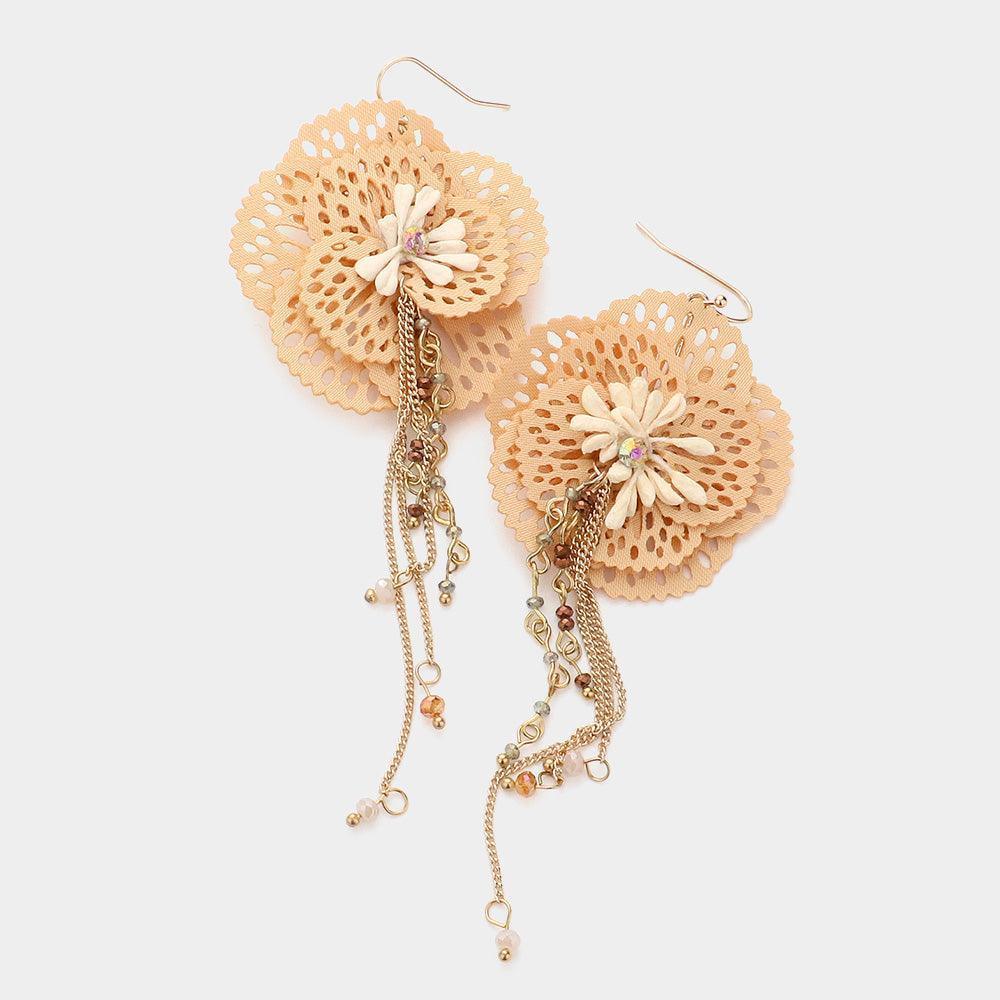 Beige Cut Out Bloom Flower Drop Chain Dangle Earrings - Jewelry Store by Erik Rayo