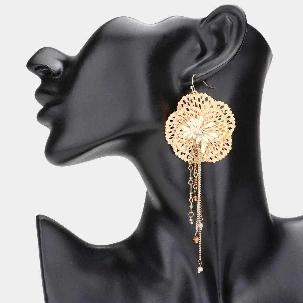 Beige Cut Out Bloom Flower Drop Chain Dangle Earrings - Jewelry Store by Erik Rayo
