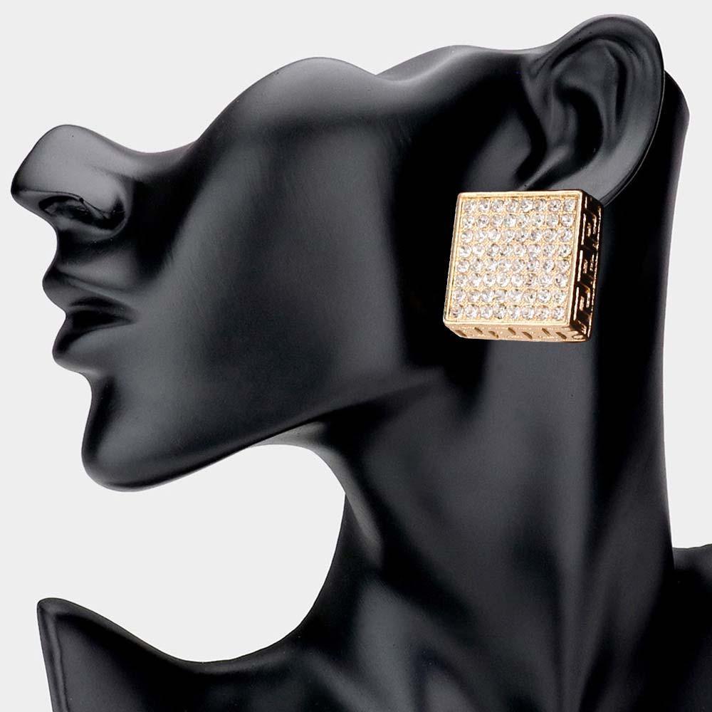 Gold Greek Pattern Detailed Rhinestone Embellished Square Earrings