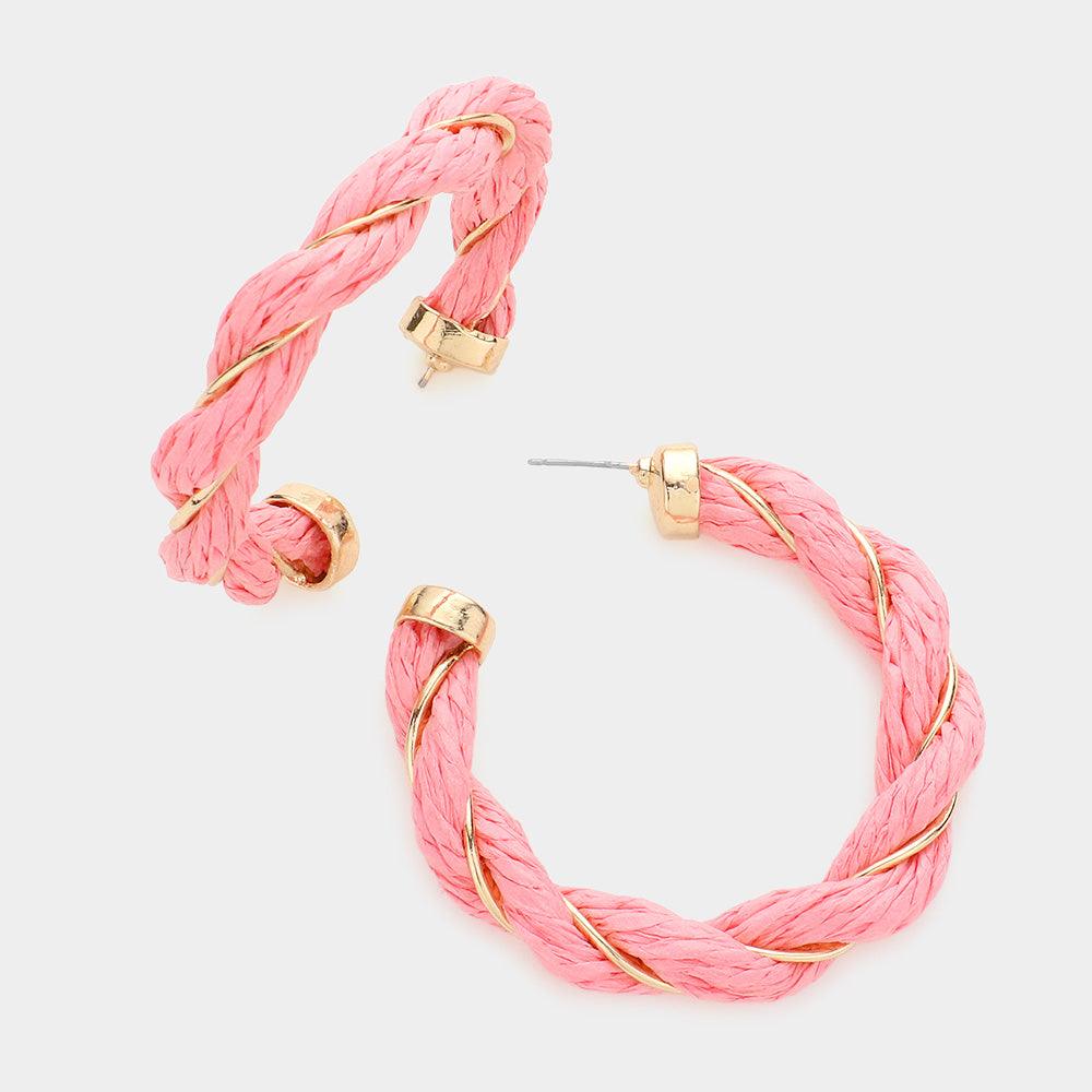 Pink Braided Raffia Hoop Earrings