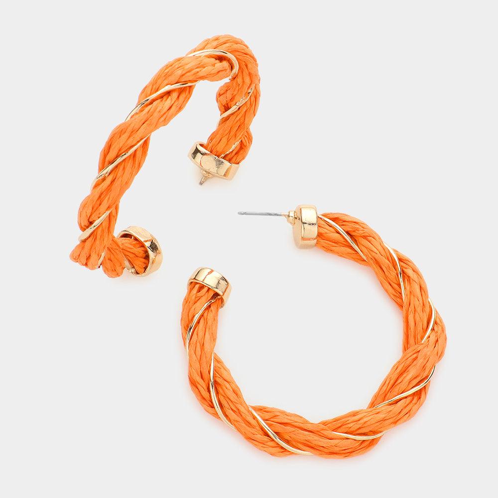 Orange Braided Raffia Hoop Earrings