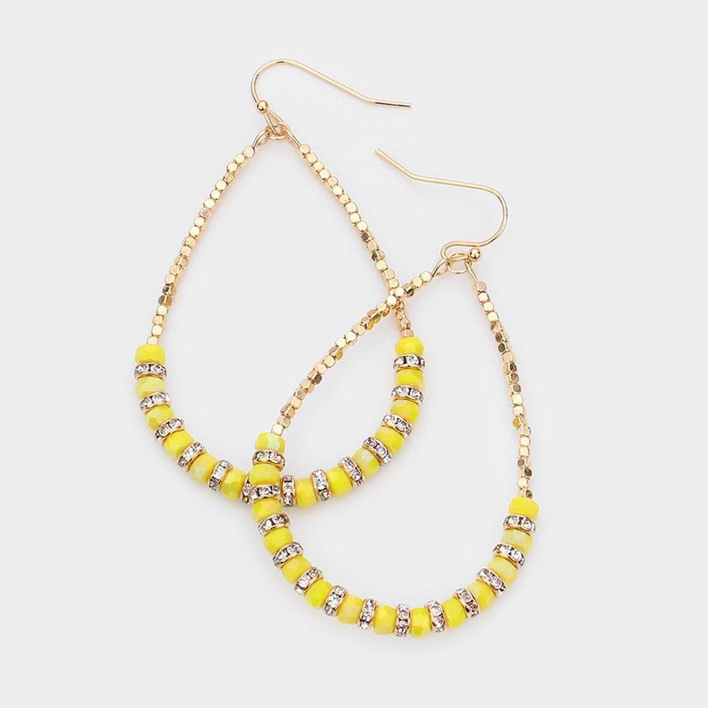 Yellow Rhinestone Ring Faceted Beaded Open Teardrop Dangle Earrings - Jewelry Store by Erik Rayo