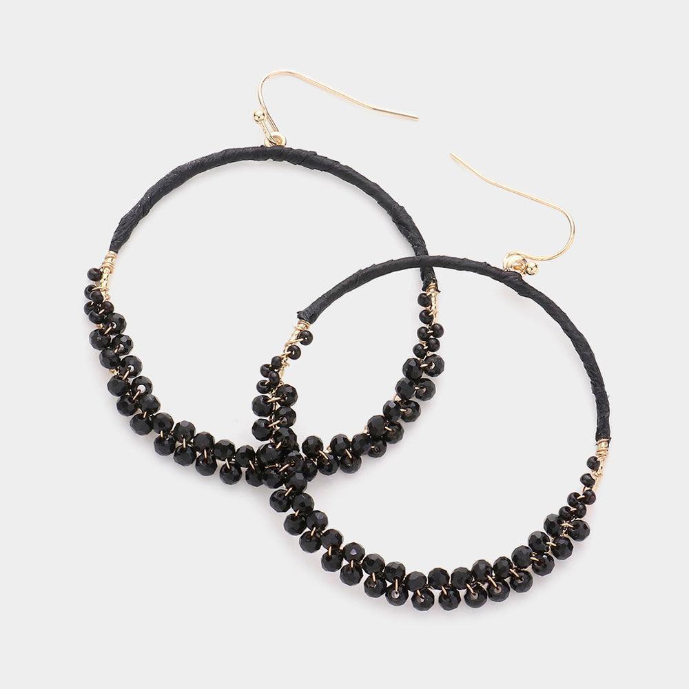 Black Raffia Faceted Bead Wrapped Open Metal Circle Dangle Earrings - Jewelry Store by Erik Rayo