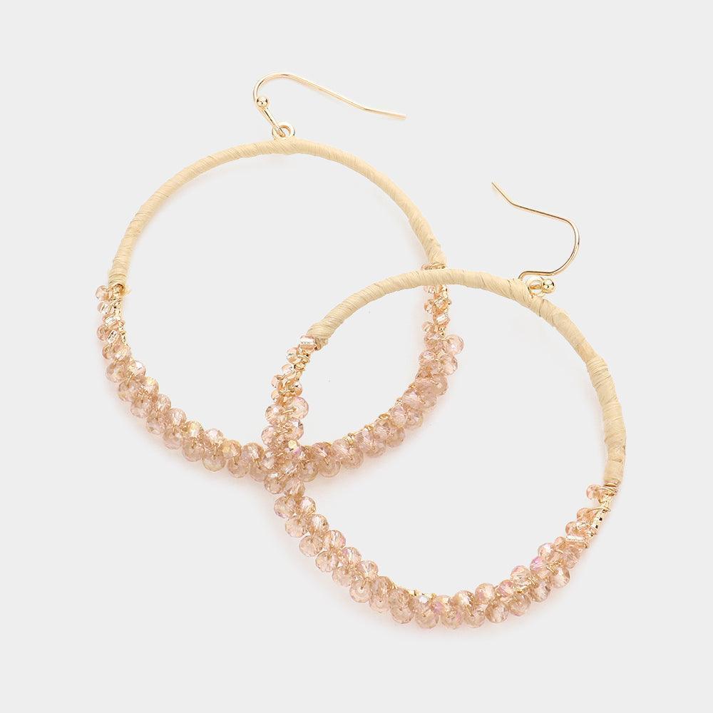 Beige Raffia Faceted Bead Wrapped Open Metal Circle Dangle Earrings - Jewelry Store by Erik Rayo