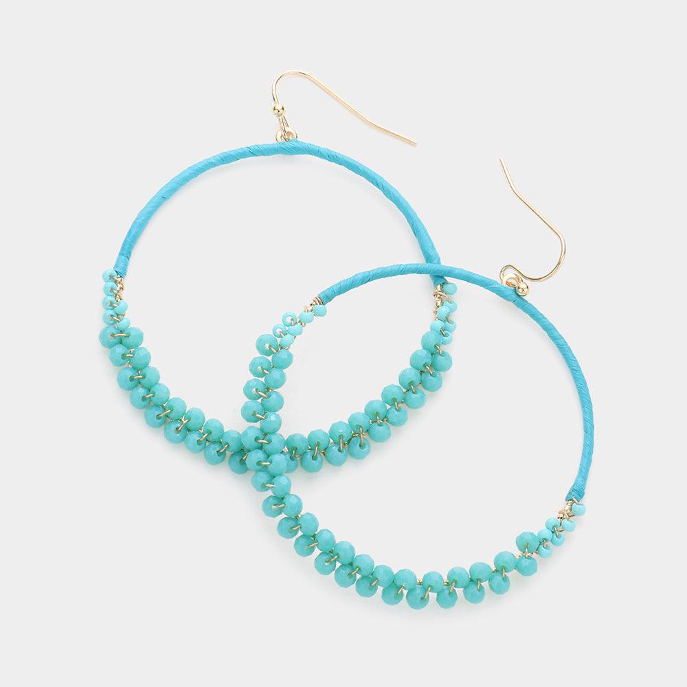 Turquoise Raffia Faceted Bead Wrapped Open Metal Circle Dangle Earrings