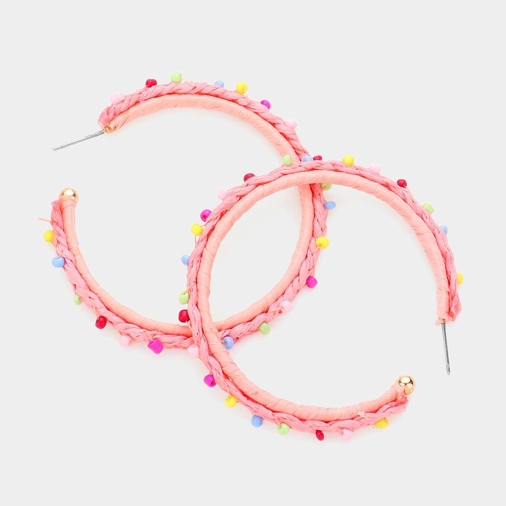 Pink Raffia Braided Seed Bead Pointed Hoop Earrings