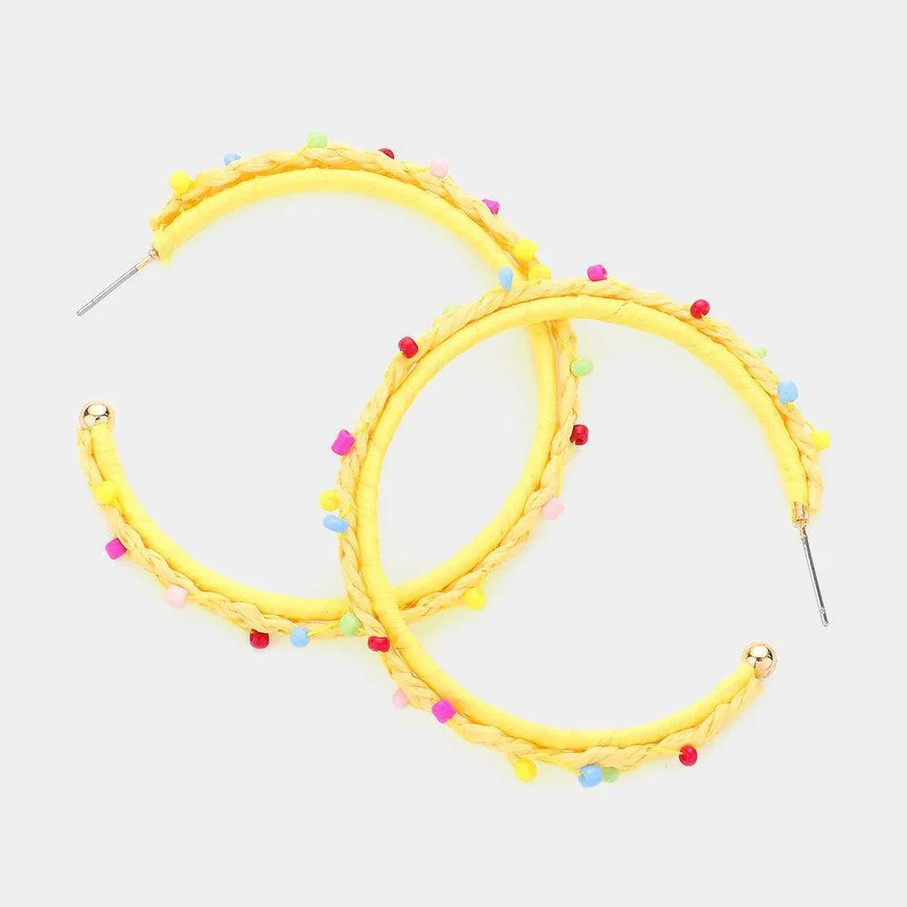Yellow Raffia Braided Seed Bead Pointed Hoop Earrings - Jewelry Store by Erik Rayo