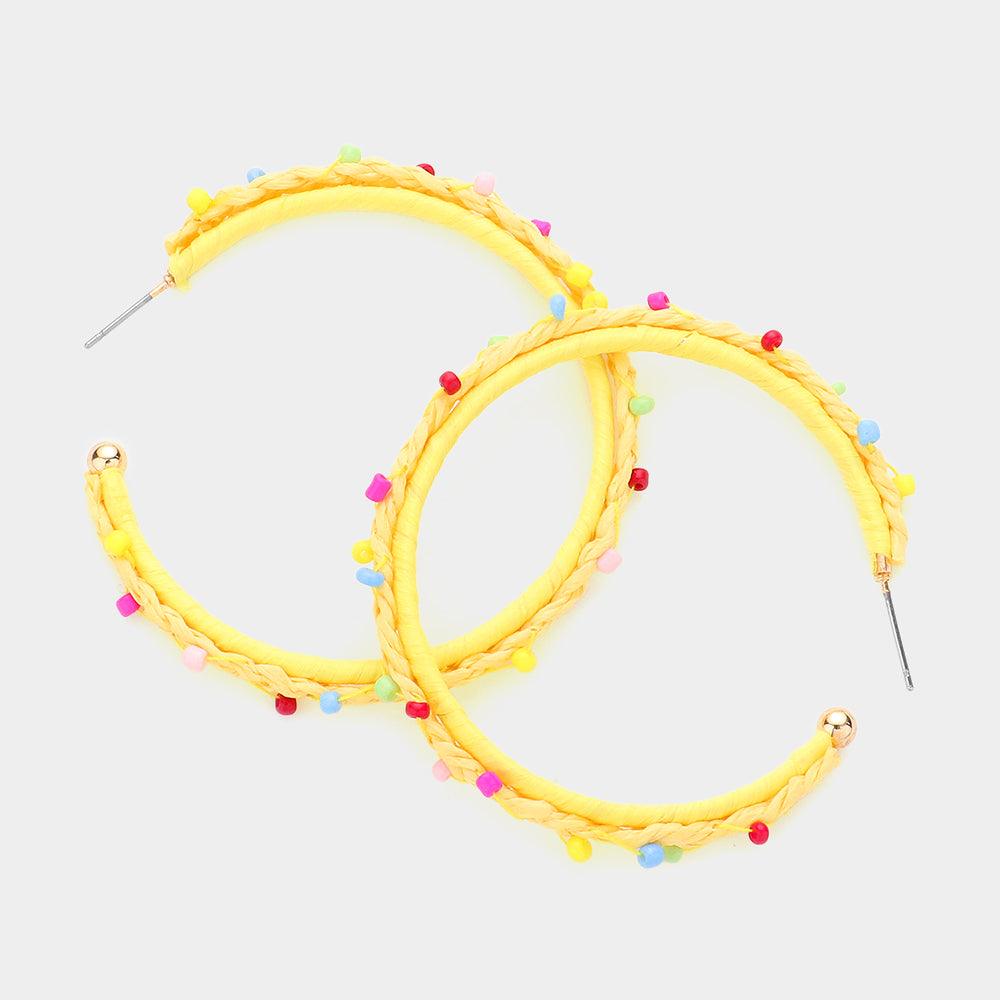 Yellow Raffia Braided Seed Bead Pointed Hoop Earrings