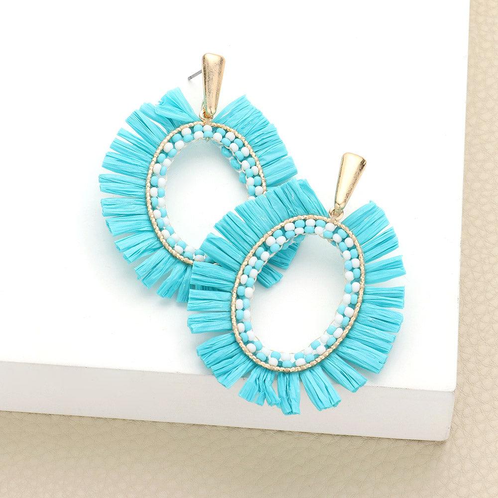 Turquoise Raffia Trimmed Open Oval Dangle Earrings