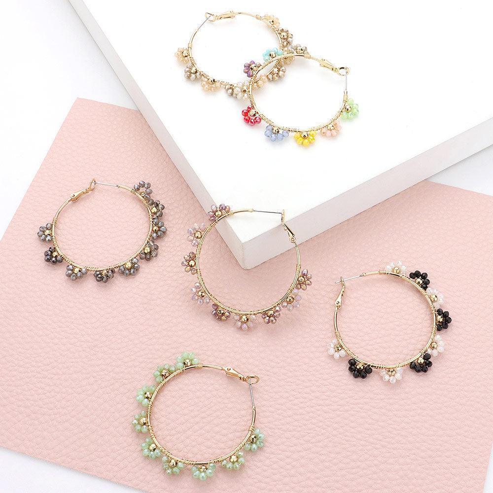 White Flower Faceted Beaded Hoop Earrings - Jewelry Store by Erik Rayo
