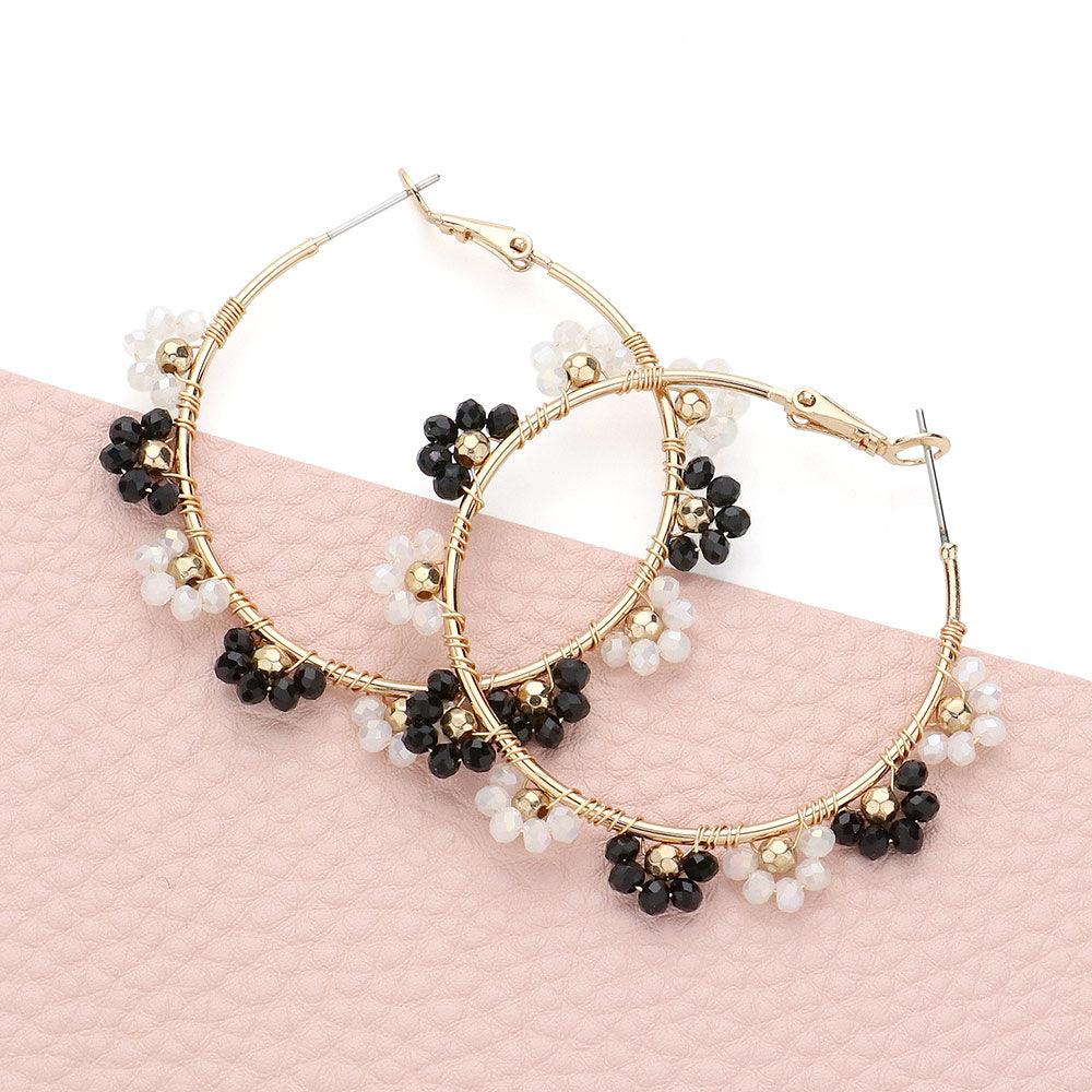 White Flower Faceted Beaded Hoop Earrings