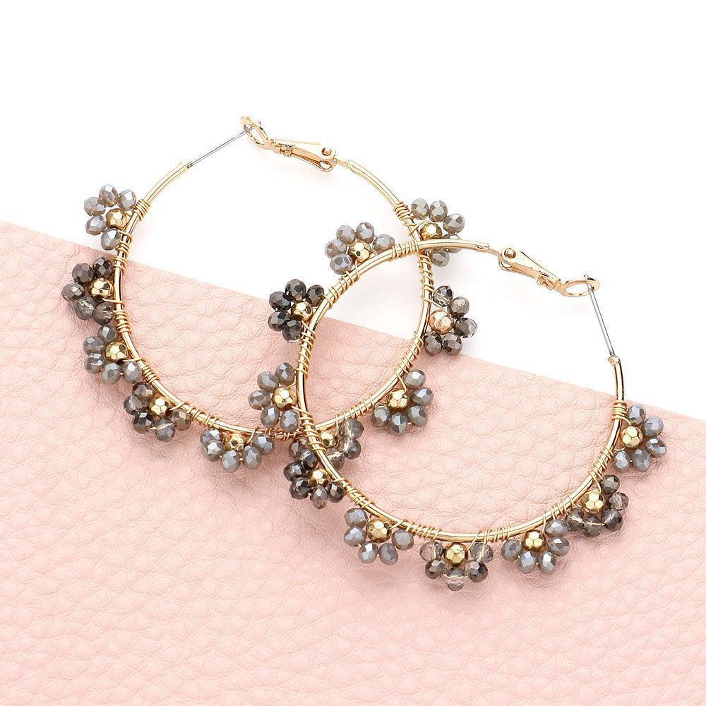 Silver Flower Faceted Beaded Hoop Earrings - Jewelry Store by Erik Rayo