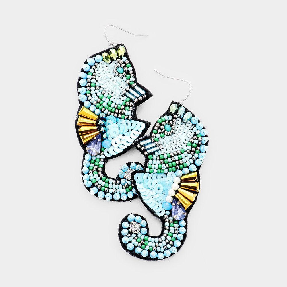 Blue Multi Stone Sequin Seed Bead Seahorse Earrings - Jewelry Store by Erik Rayo