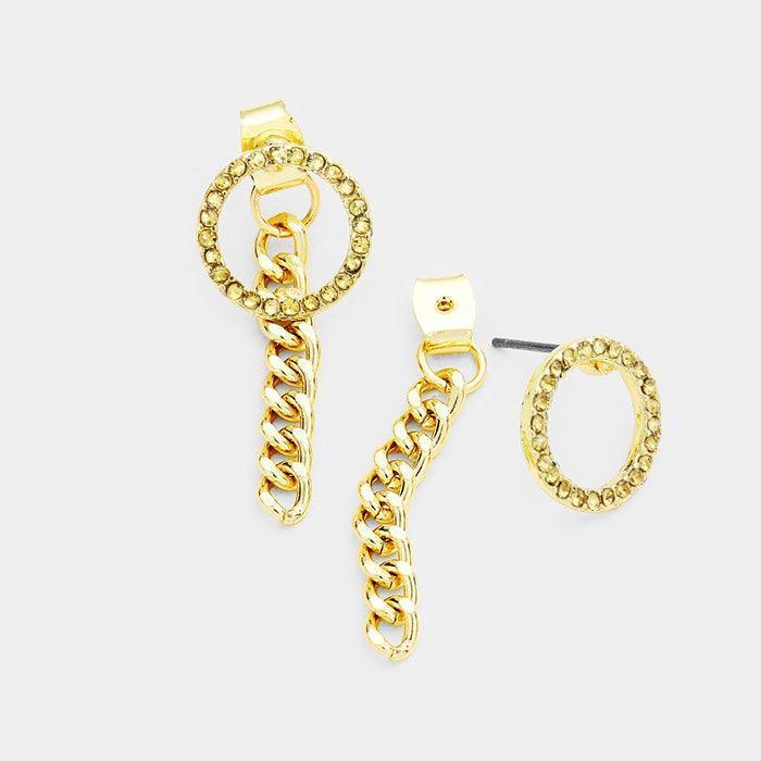 Gold Crystal Rhinestone Pave Hoop Metal Chain Dangle Earrings - Jewelry Store by Erik Rayo