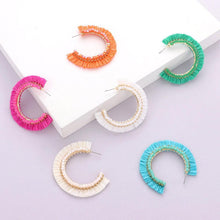 Load image into Gallery viewer, Ivory Cube Bead Embellished Raffia Hoop Earrings
