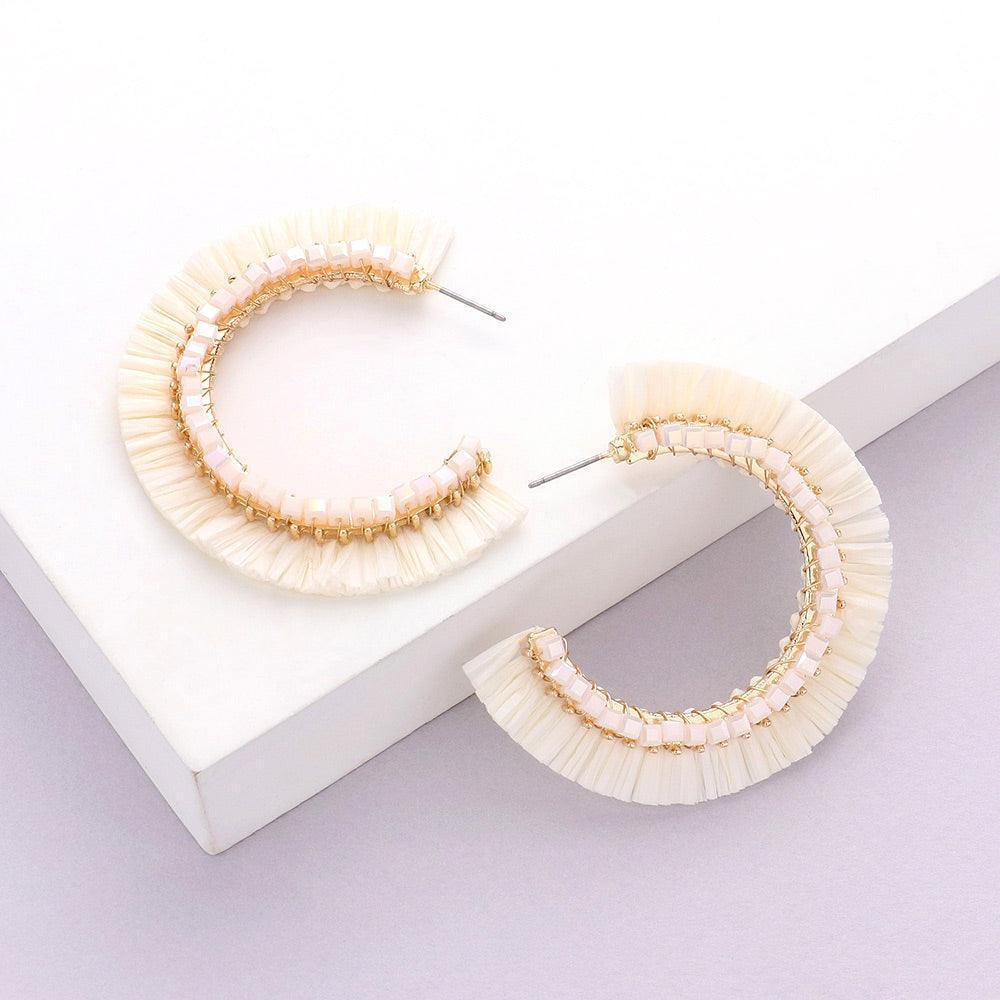 Ivory Cube Bead Embellished Raffia Hoop Earrings