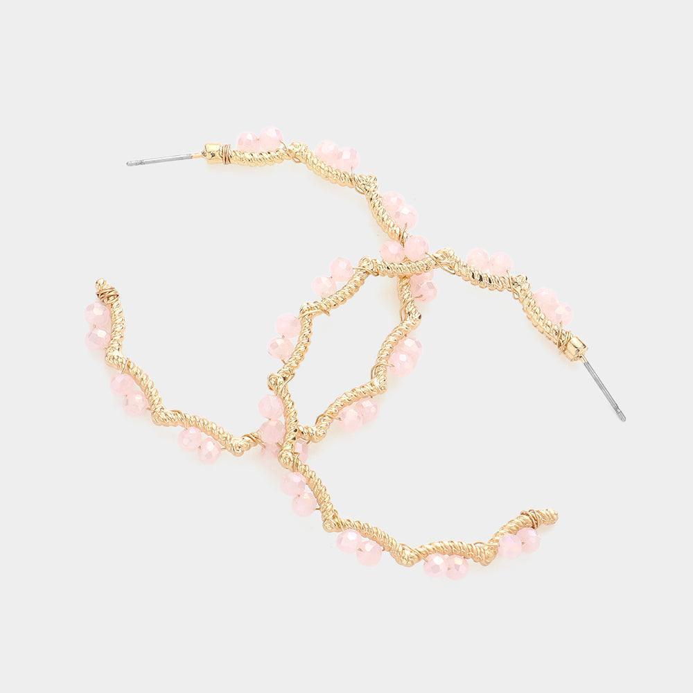 Pink Faceted Bead Wrapped Angled Metal Hoop Earrings - Jewelry Store by Erik Rayo