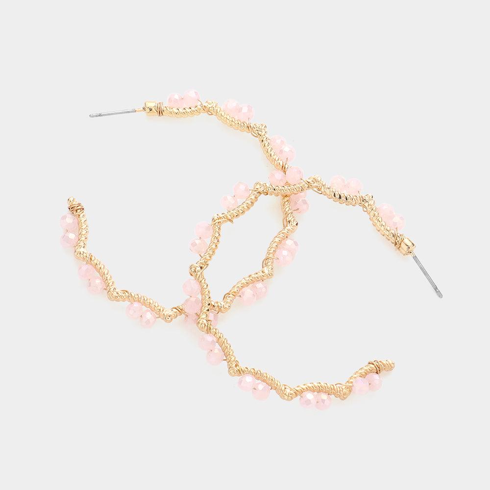 Pink Faceted Bead Wrapped Angled Metal Hoop Earrings