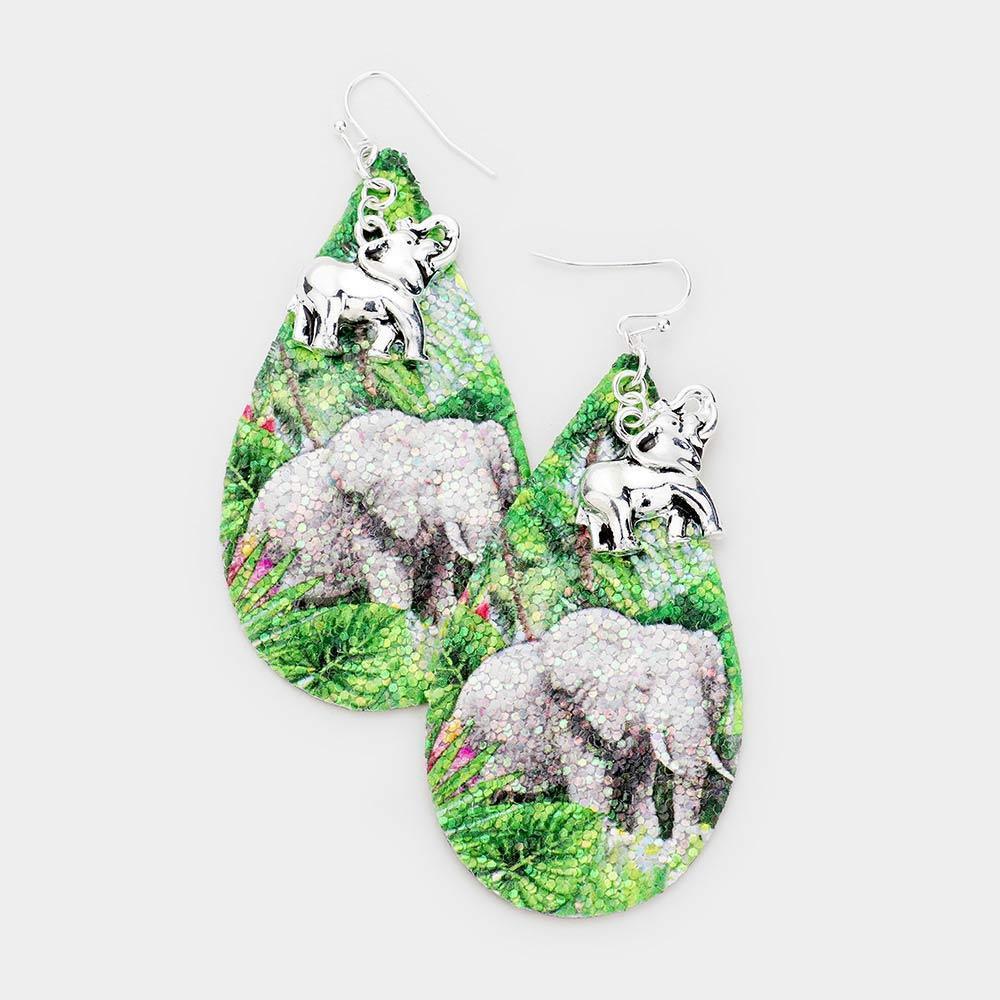 Silver Glitter Nature Elephant Dangle Earrings - Jewelry Store by Erik Rayo