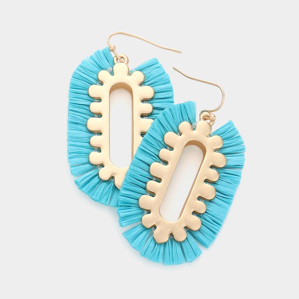 Turquoise Raffia Trimmed Dangle Earrings