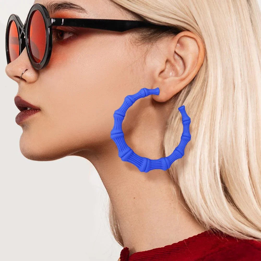 Blue Colored Bamboo Hoop Earrings - Jewelry Store by Erik Rayo