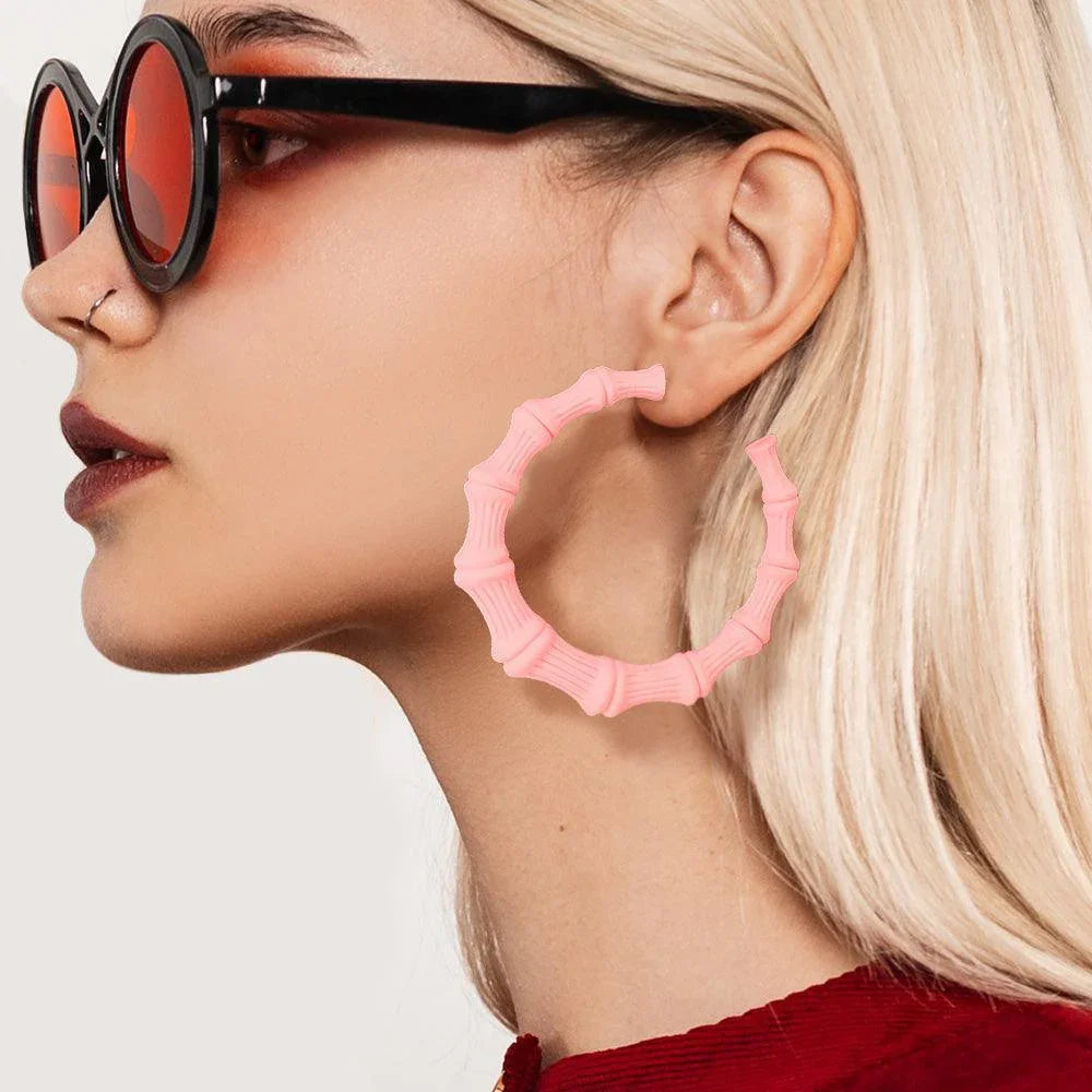 Pink Colored Bamboo Hoop Earrings - Jewelry Store by Erik Rayo