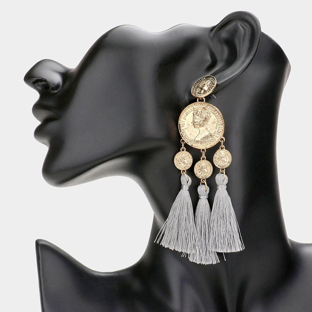 Gray Metal Coin Triple Tassel Dangle Earrings - Jewelry Store by Erik Rayo
