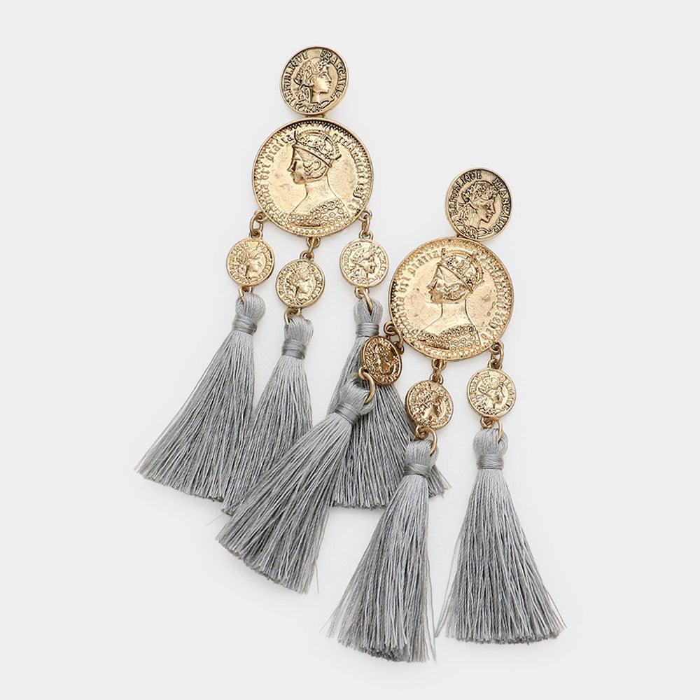 Gray Metal Coin Triple Tassel Dangle Earrings - Jewelry Store by Erik Rayo