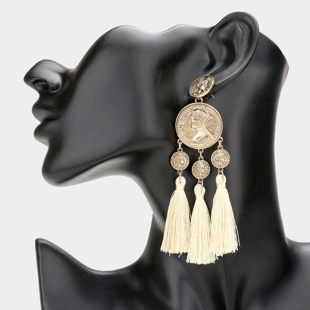 Metal Coin Triple Tassel Dangle Earrings - Jewelry Store by Erik Rayo