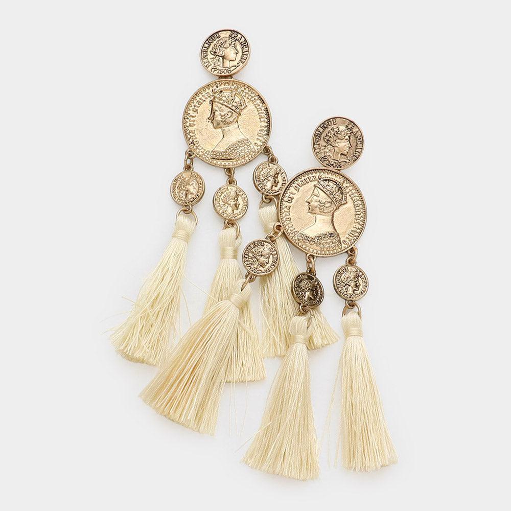 Metal Coin Triple Tassel Dangle Earrings - Jewelry Store by Erik Rayo